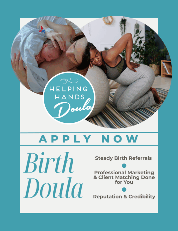 Application for Birth Doula Position. Image of a newborn on mother's chest right after childbirth. Image of a woman using a physio ball for comfort in labour.