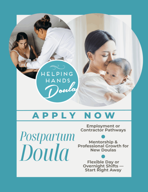 Application Button for Postpartum Doula Position. Image of a Doula assisting a new mom and baby with breastfeeding. Image of a new mom snuggling her baby.