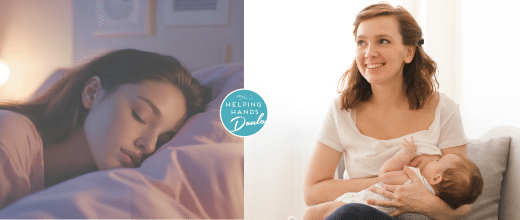 split image of two women. The image on the left is sleeping peacefully. The image on the right is happy, breastfeeding her newborn, looking well reseted.