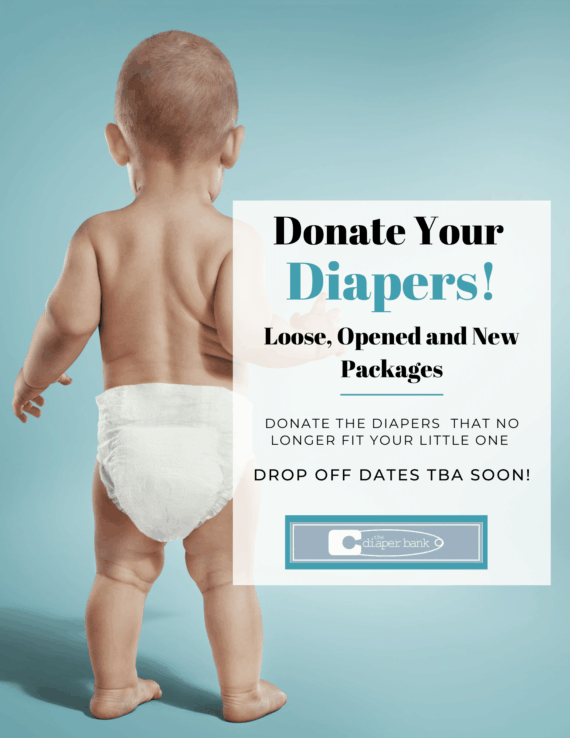Image of baby facing away, wearing only but a disposable diaper. Request for Donating loose, opened and new packages of diapers to support The Diaper Bank Not-for-Profit Organization. More information coming soon.