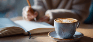 Woman writing in her journal with a cappuccino on her desk