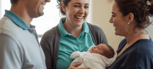 Helping Hands Doula having a happy conversation with new parents and their baby.