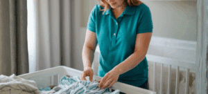 postpartum doula wearing a turquoise uniform shown folding baby laundry in the baby's nursery