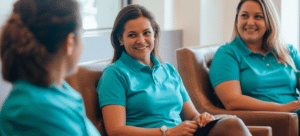 Group of three doulas discussing client care