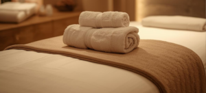 Massage table, folded towels, oil bottles