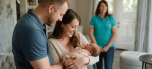 new parents admiring their newborn baby, while their birth doula looks over them in the distance