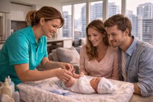 Doula teaching infant care to new parents