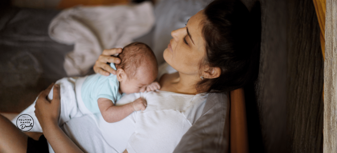 postpartum mental health support with doula helping new mother rest