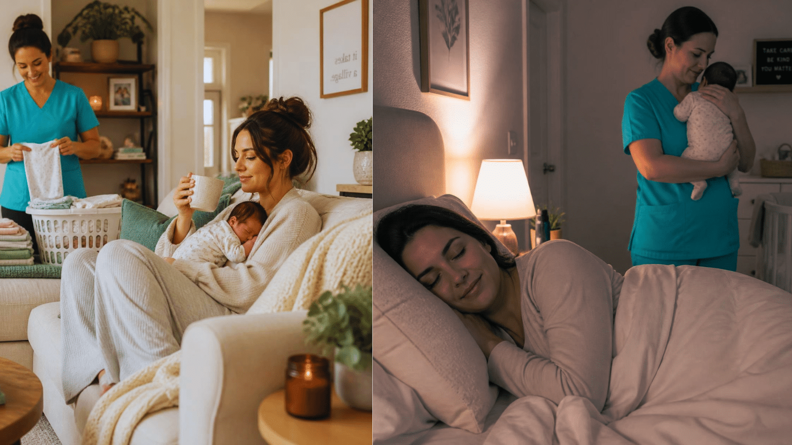 Postpartum doula supporting a family with their newborn at home during the daytime and nighttime
